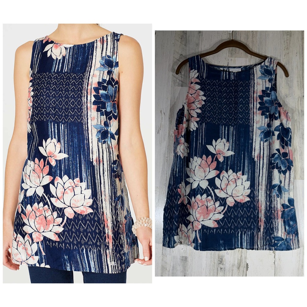 Pure Jill Tunic Top Size Medium Petite Linen Lotus Floral‎ Watercolor Blue Pink
